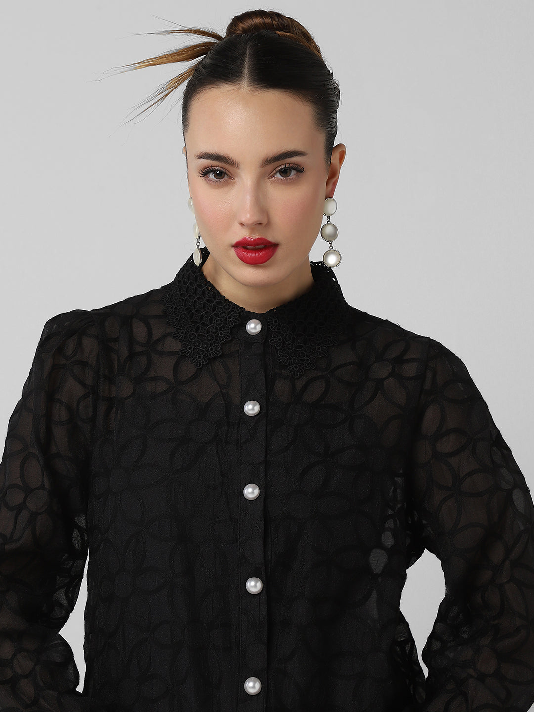 Women Floral Black Shirt with Inner Slip