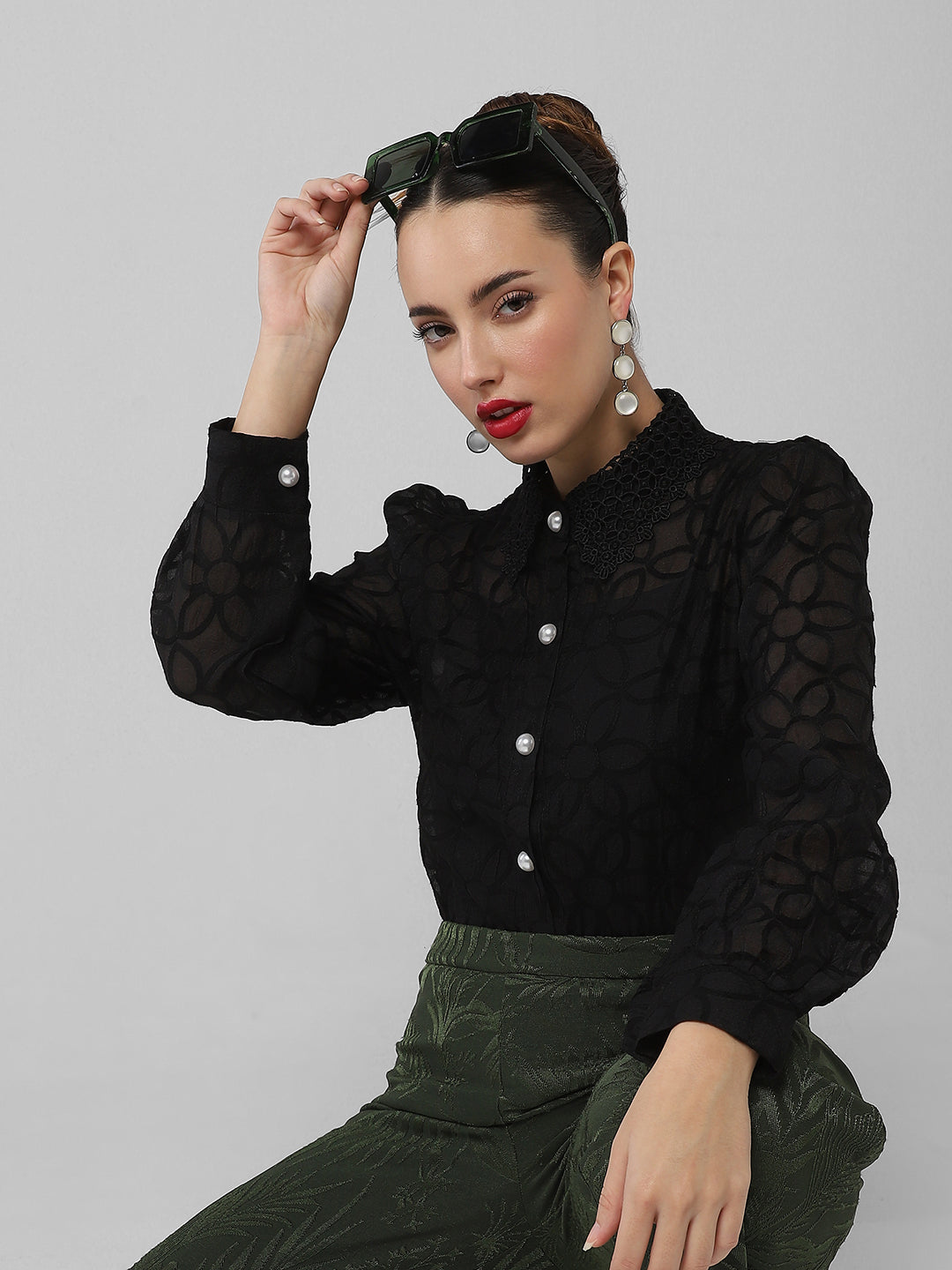 Women Floral Black Shirt with Inner Slip