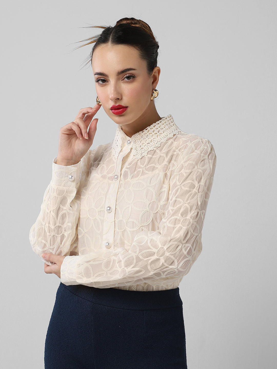 Women Floral Cream Shirt with Inner Slip