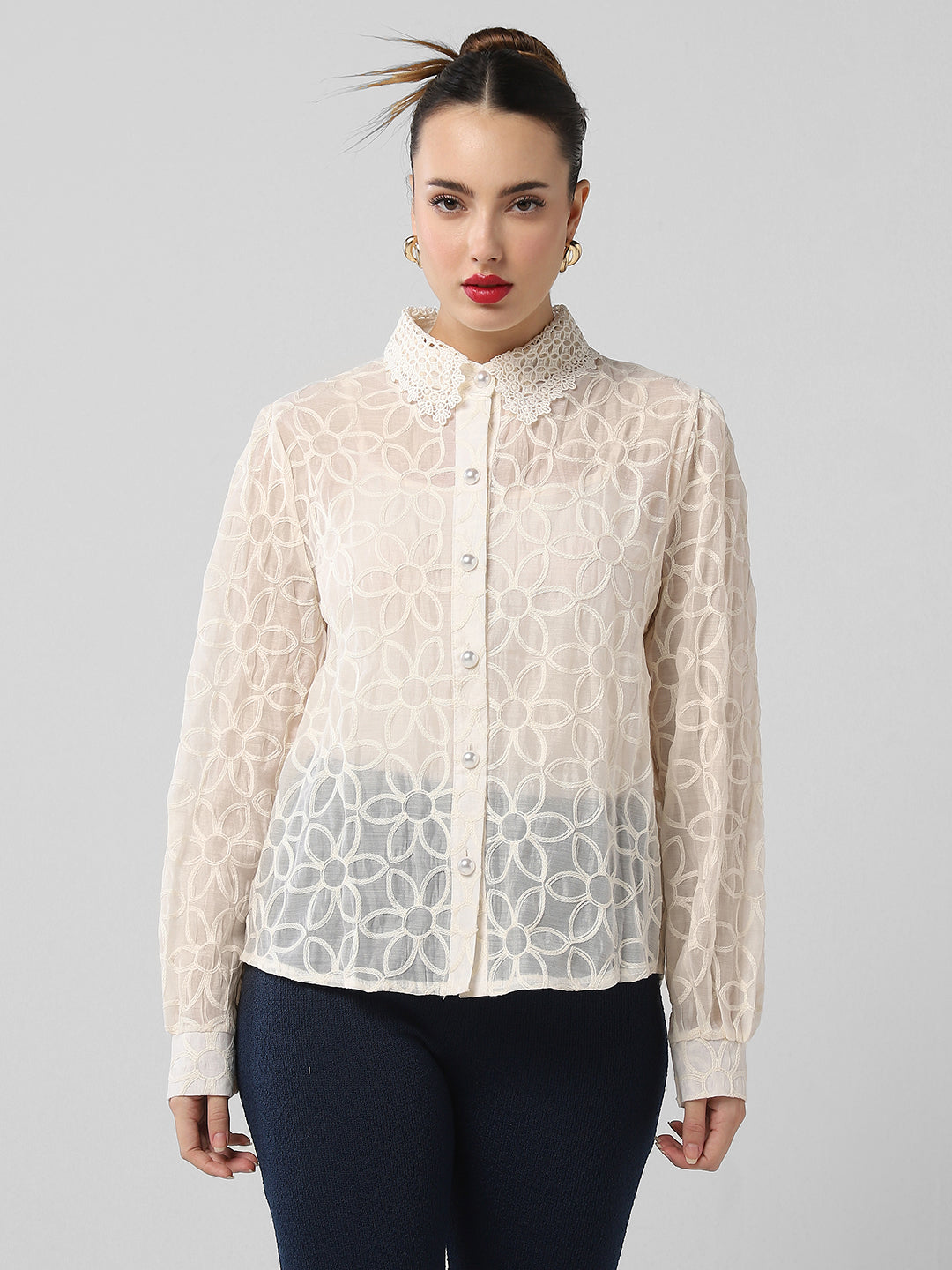 Women Floral Cream Shirt with Inner Slip