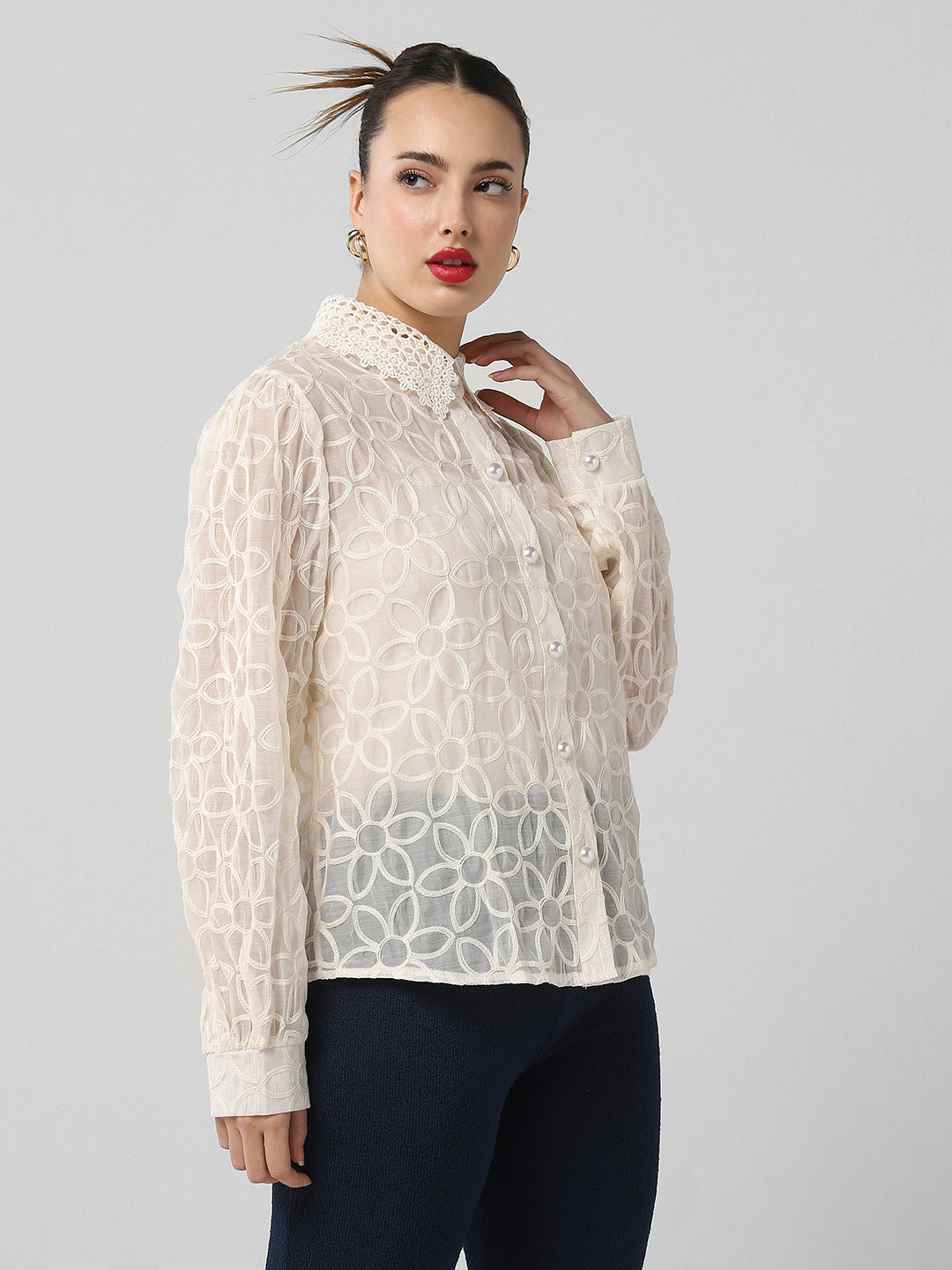 Women Floral Cream Shirt with Inner Slip