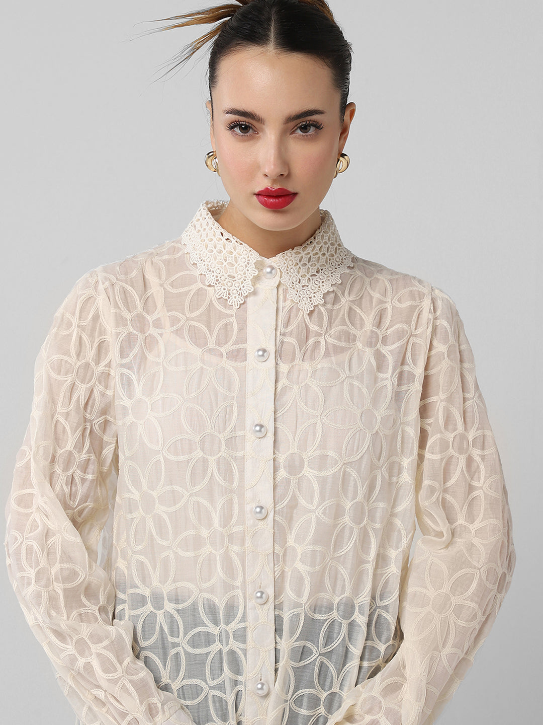 Women Floral Cream Shirt with Inner Slip