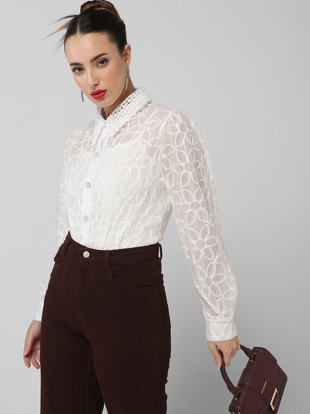 Women Floral White Shirt with Inner Slip