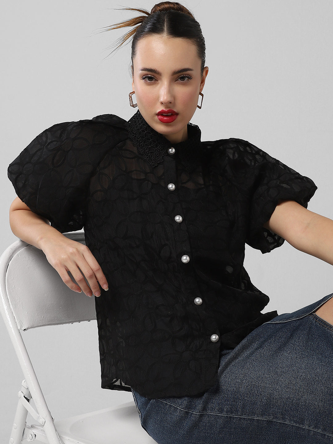 Women Embroidered Black Shirt with Inner Slip