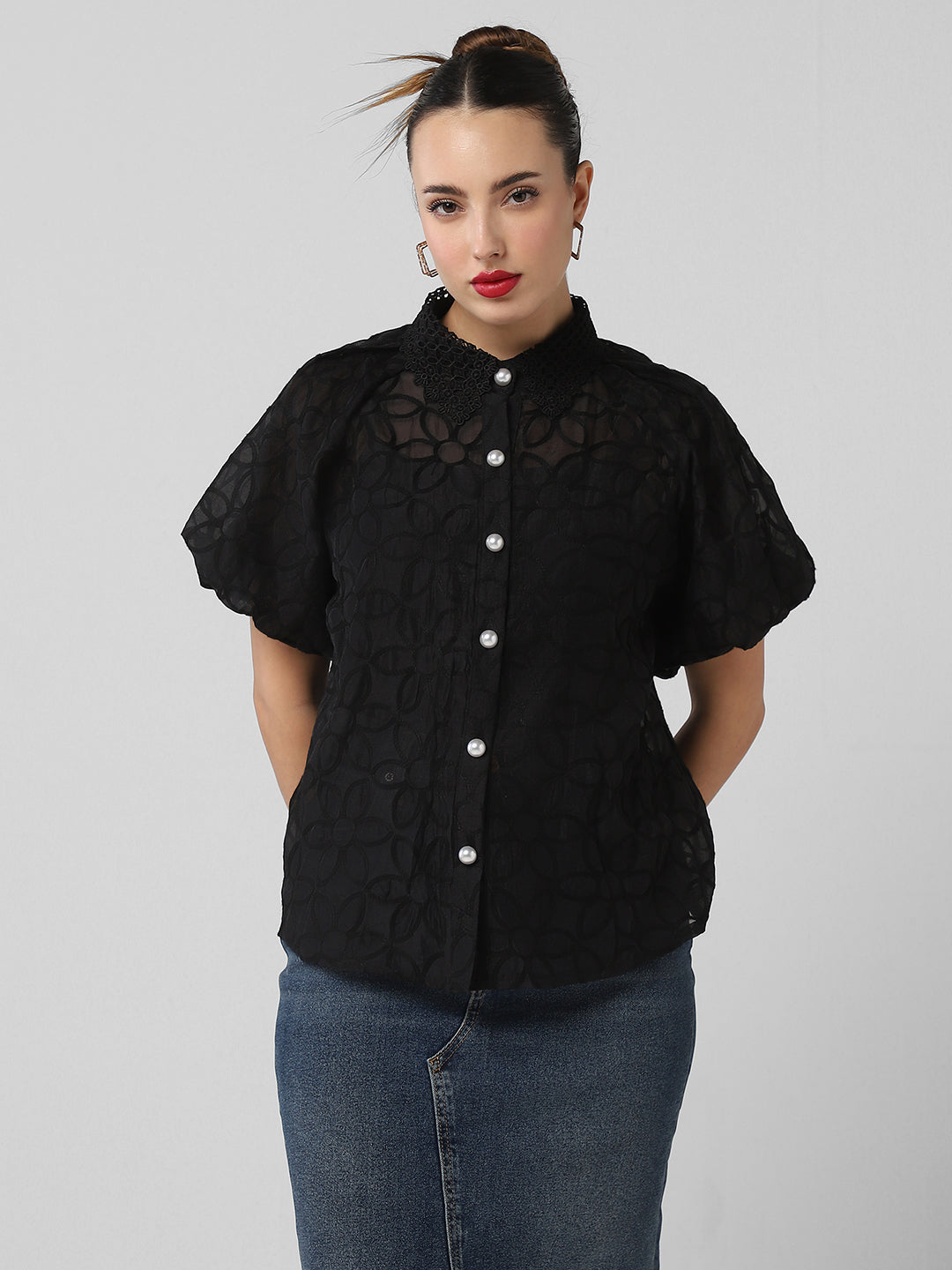 Women Embroidered Black Shirt with Inner Slip