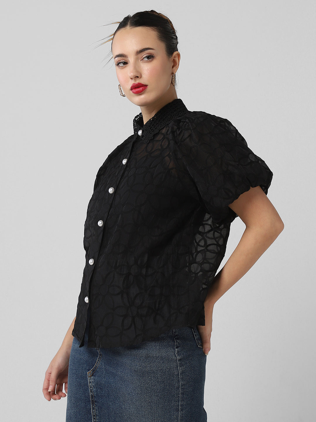 Women Embroidered Black Shirt with Inner Slip