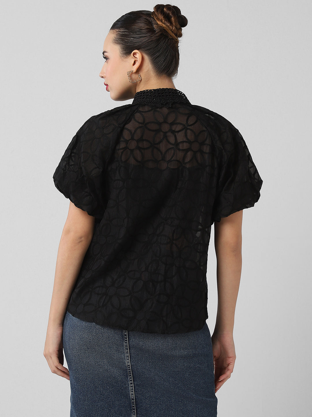 Women Embroidered Black Shirt with Inner Slip