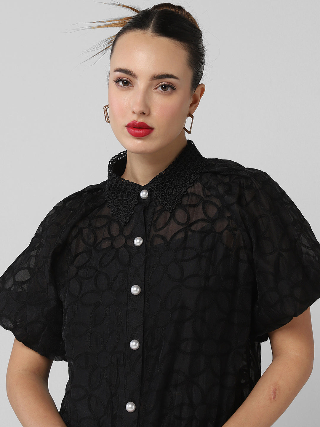 Women Embroidered Black Shirt with Inner Slip