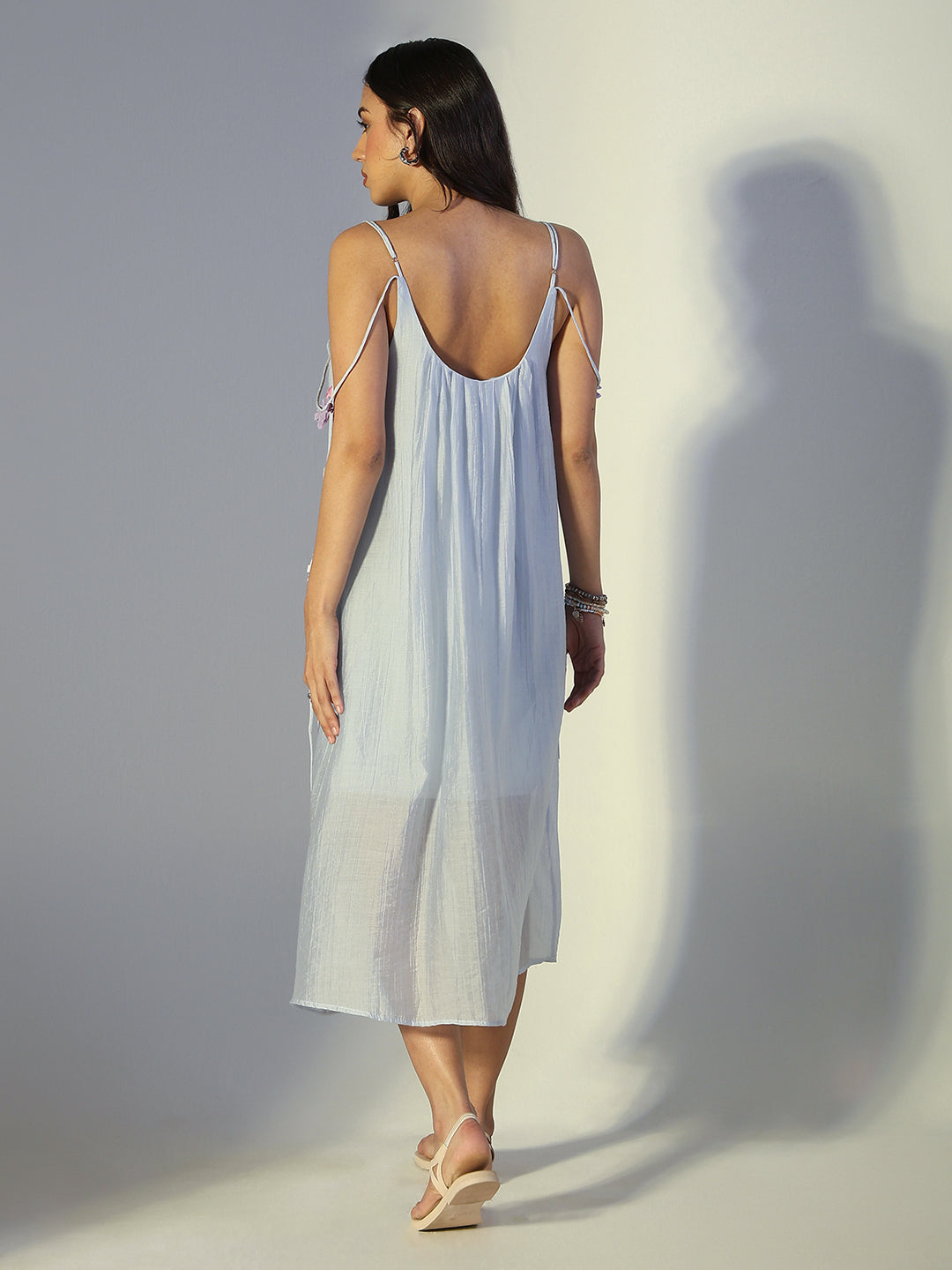 Women's Floral Embellished Blue Midi Dress with Tie-Up Straps