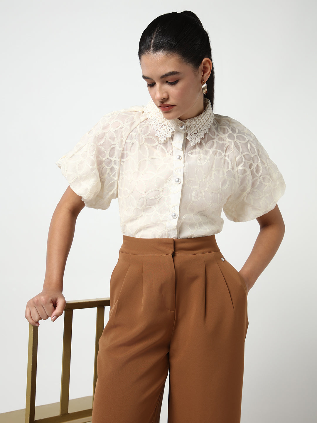 Women Cream Embroidered Shirt with Inner Slip