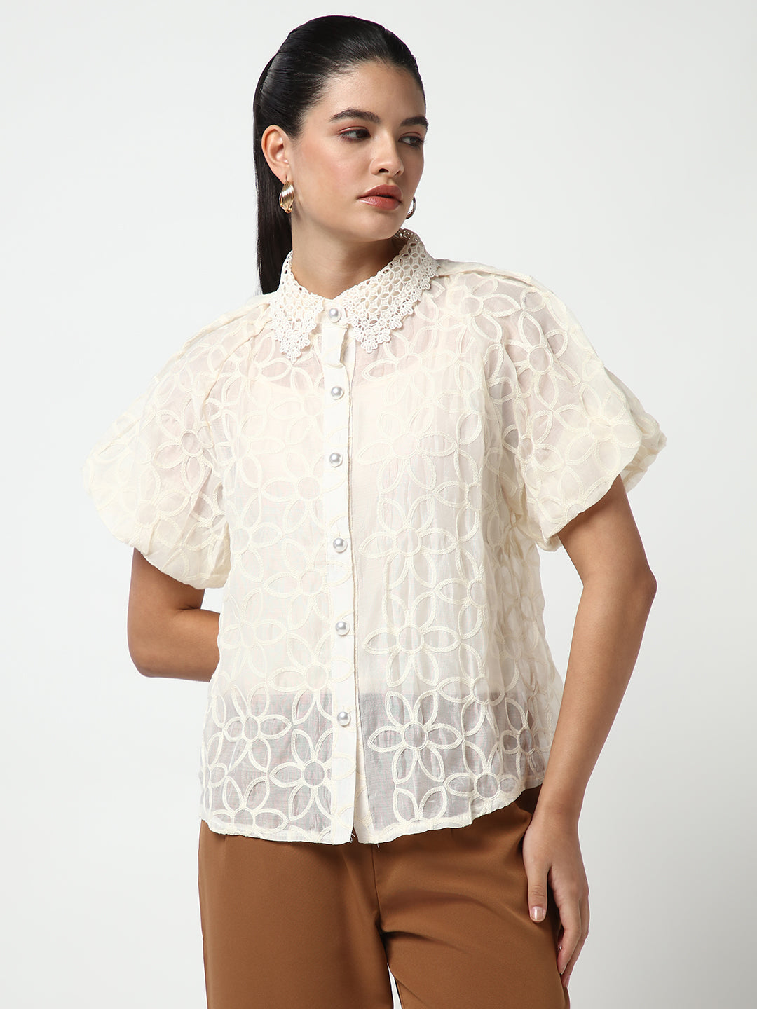 Women Cream Embroidered Shirt with Inner Slip