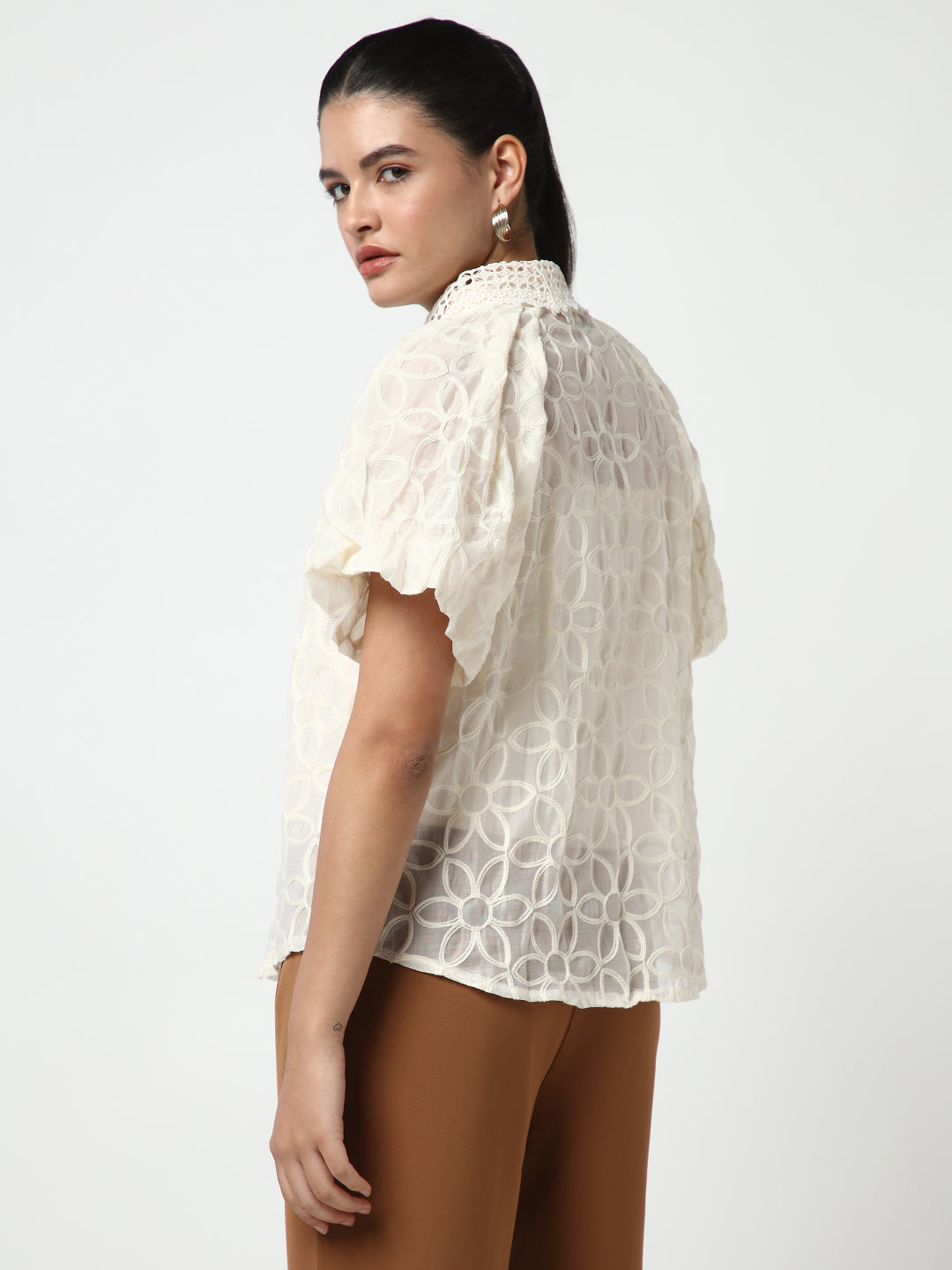 Women Cream Embroidered Shirt with Inner Slip