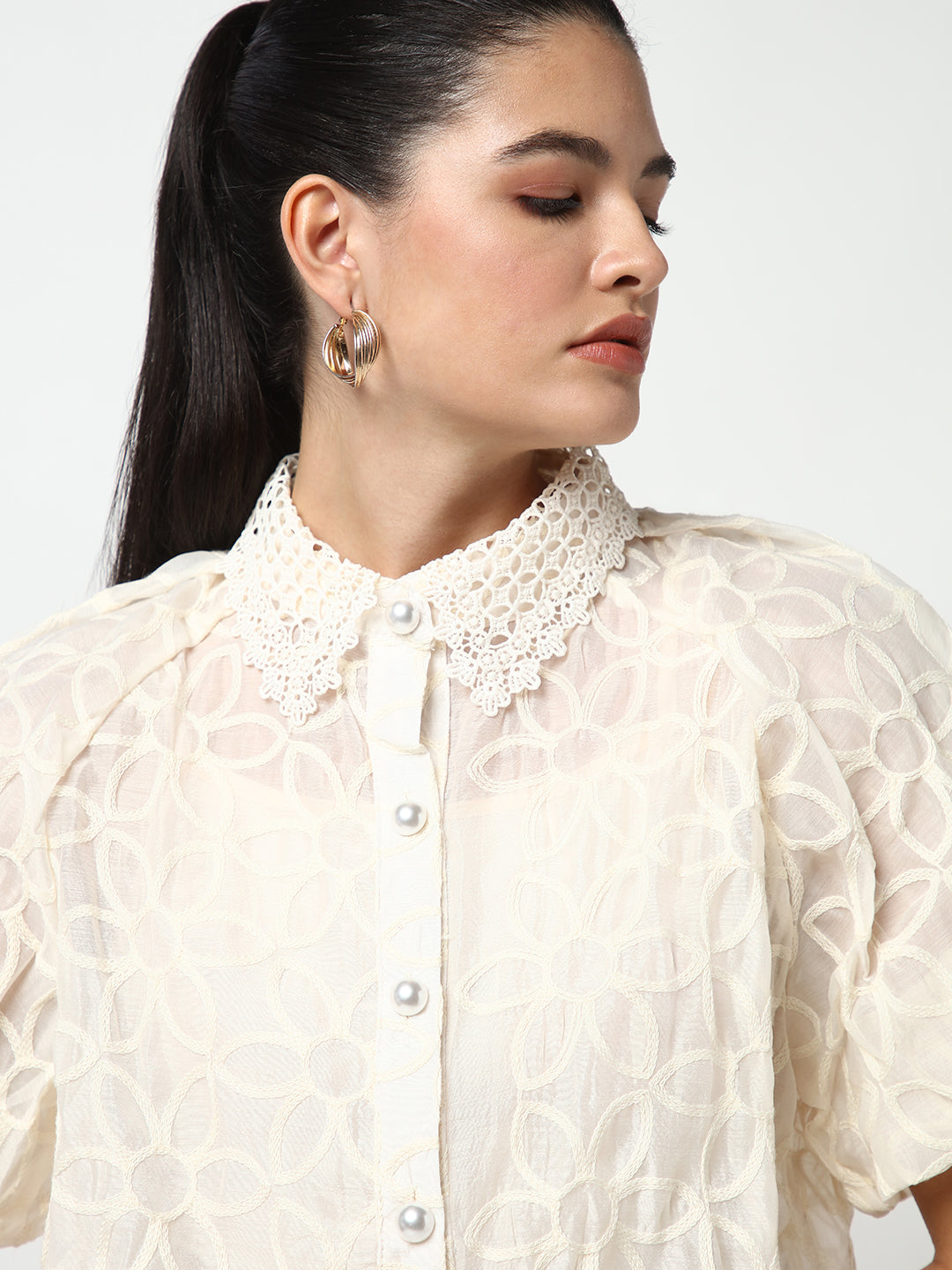 Women Cream Embroidered Shirt with Inner Slip