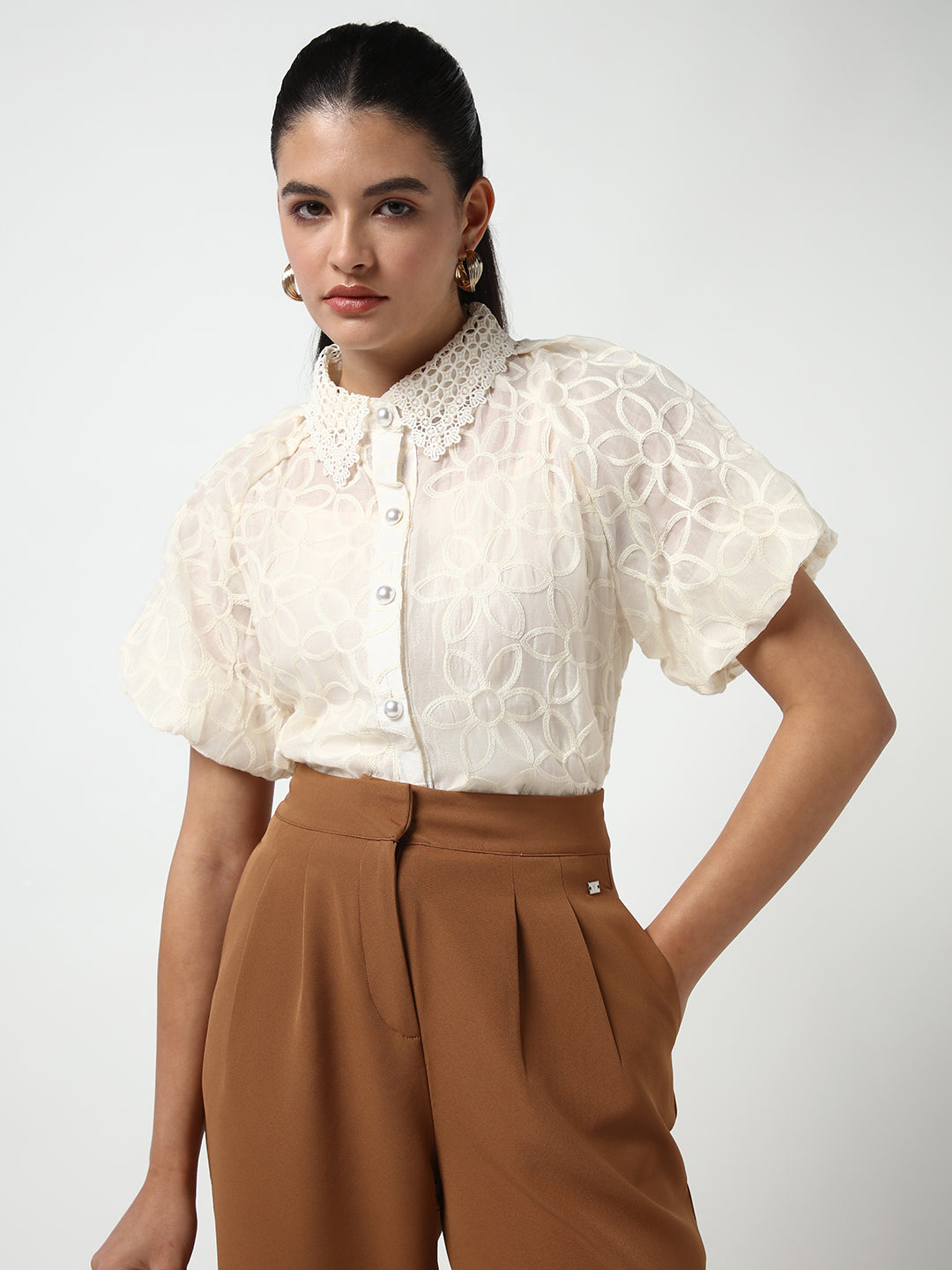 Women Cream Embroidered Shirt with Inner Slip