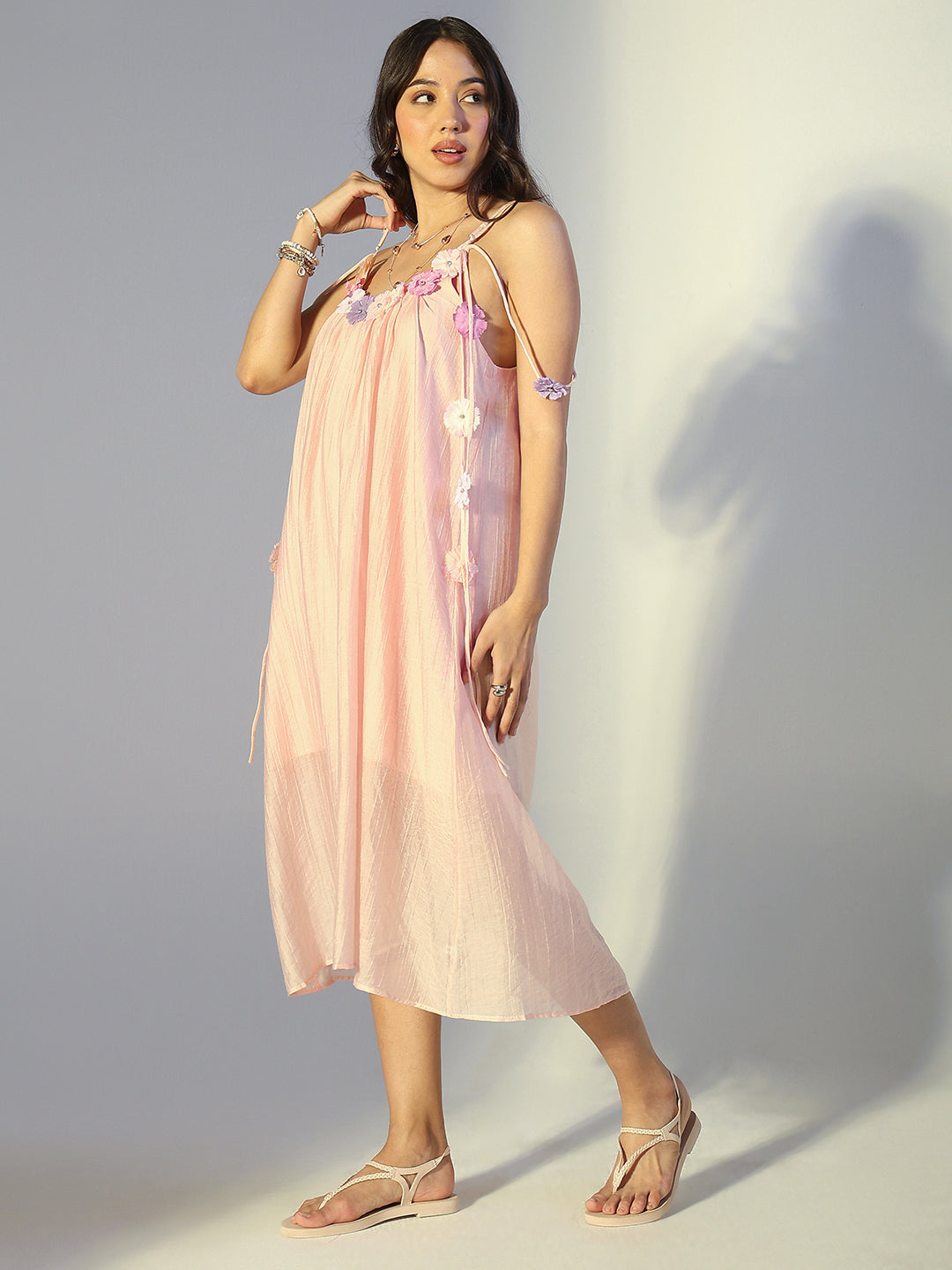 Women's Floral Embellished Peach Midi Dress with Tie-Up Straps