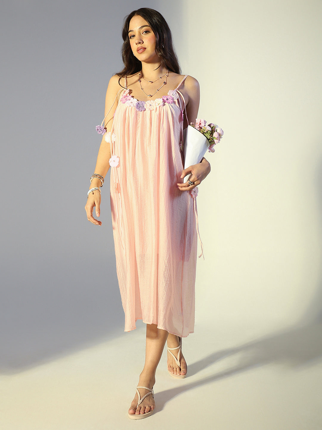 Women's Floral Embellished Peach Midi Dress with Tie-Up Straps