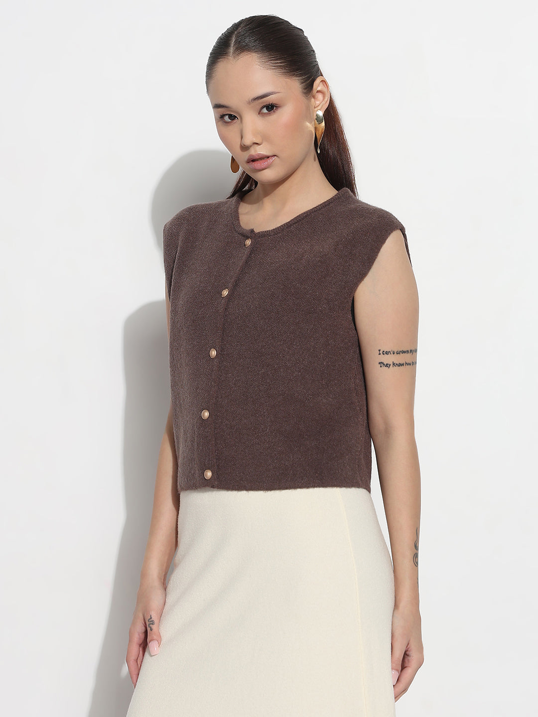Women's Ribbed Brown Round Neck Sleeveless Knitted Top