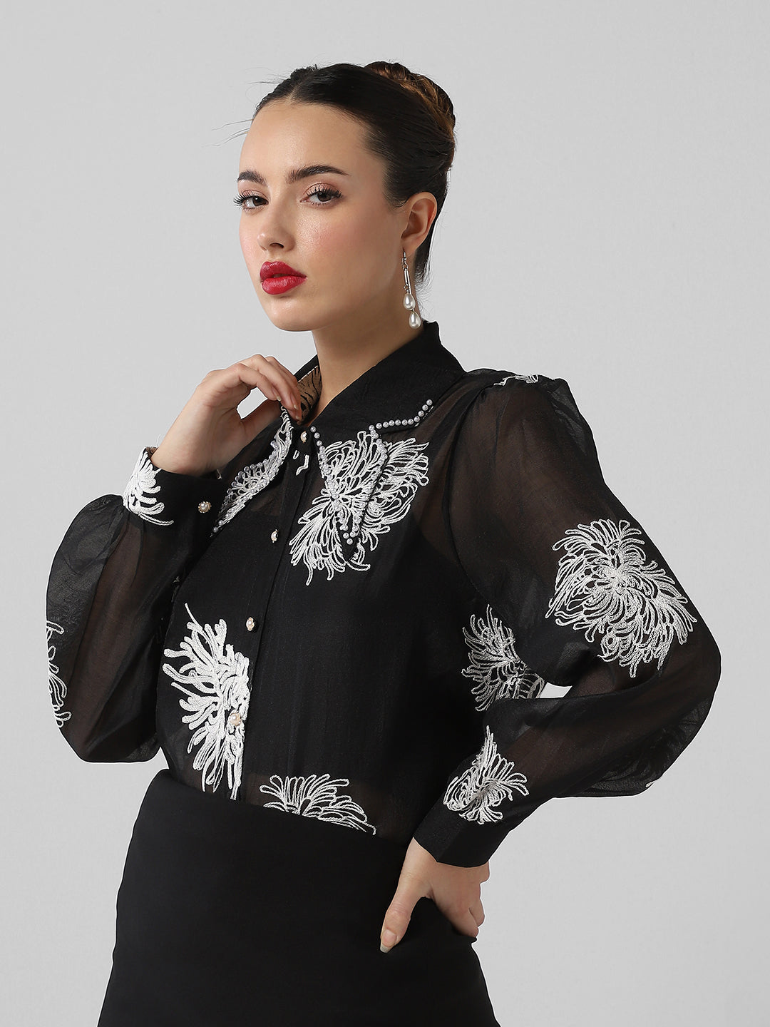 Women Floral Black Shirt with Inner Slip