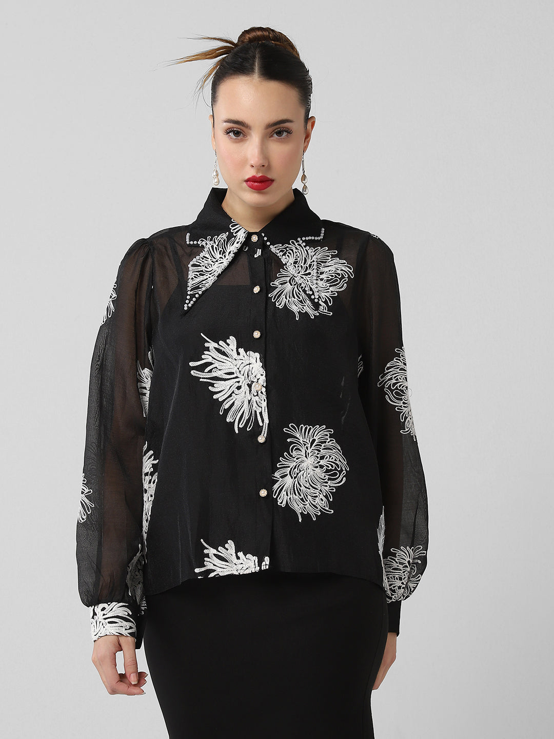 Women Floral Black Shirt with Inner Slip