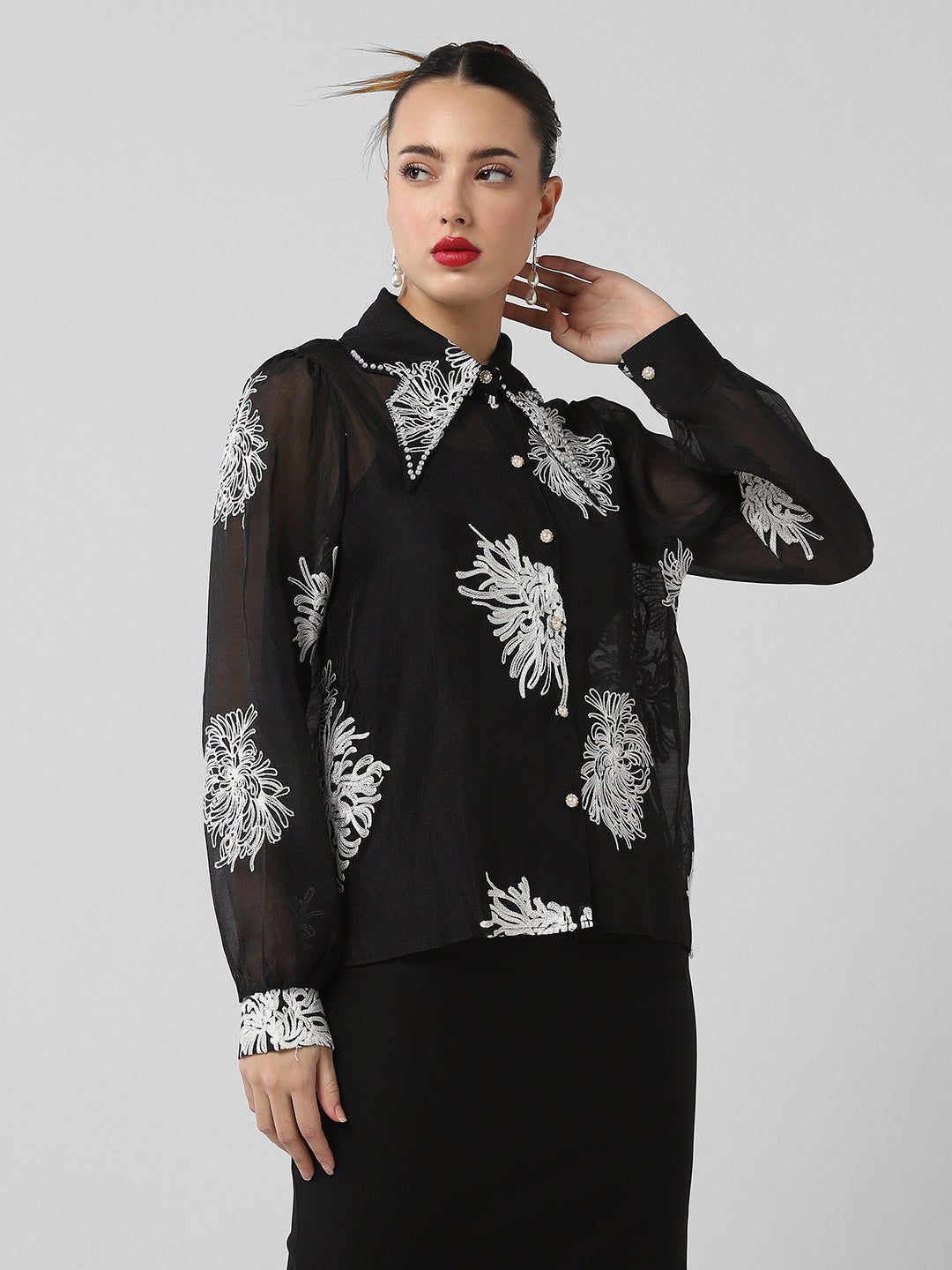 Women Floral Black Shirt with Inner Slip