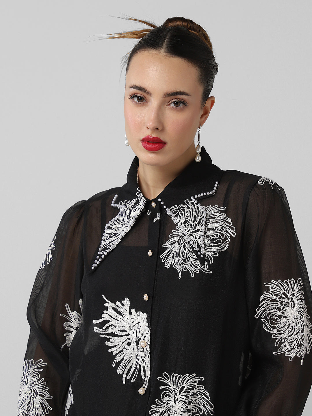 Women Floral Black Shirt with Inner Slip