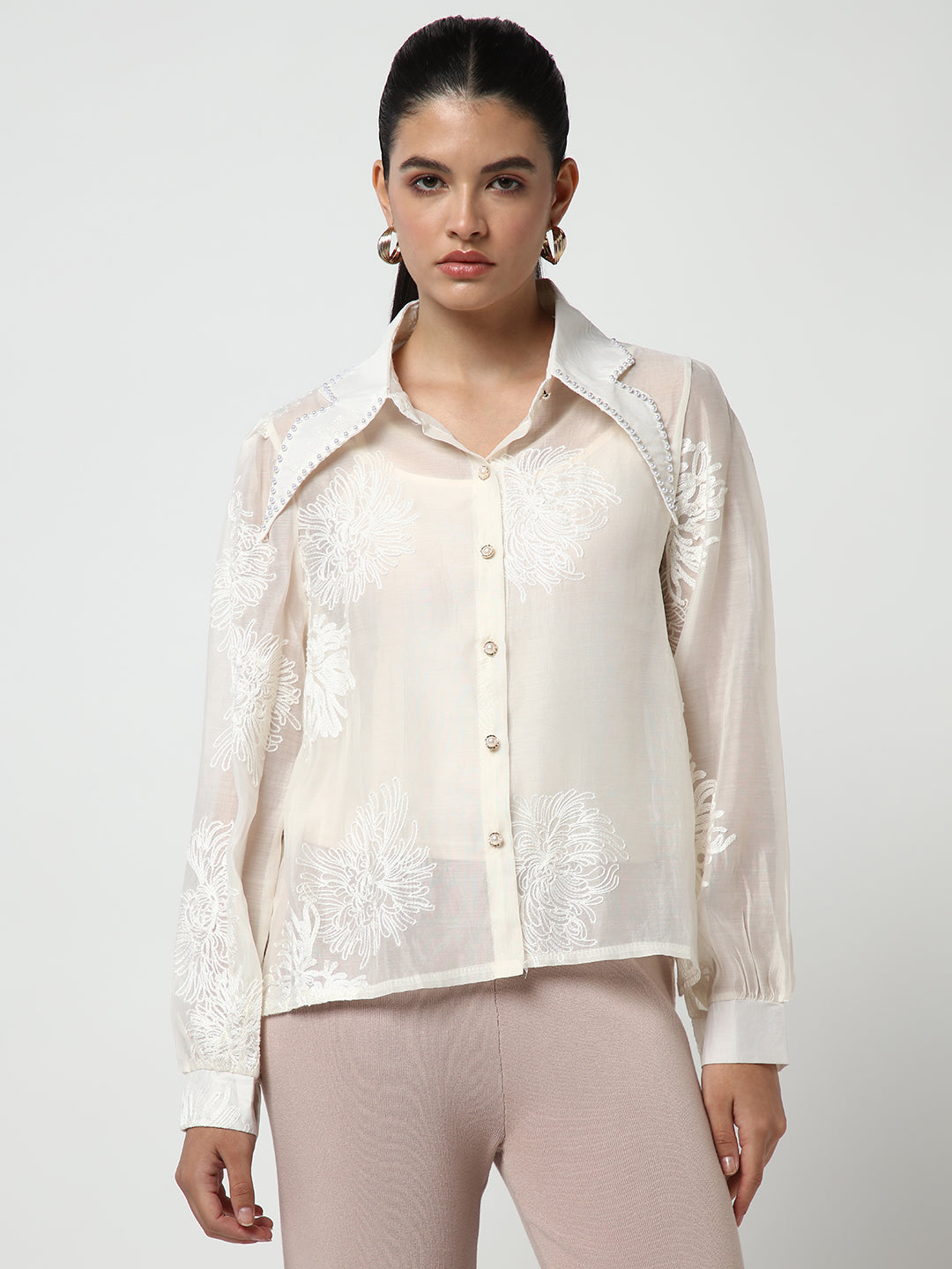 Women Cream Solid Shirt with Inner Slip