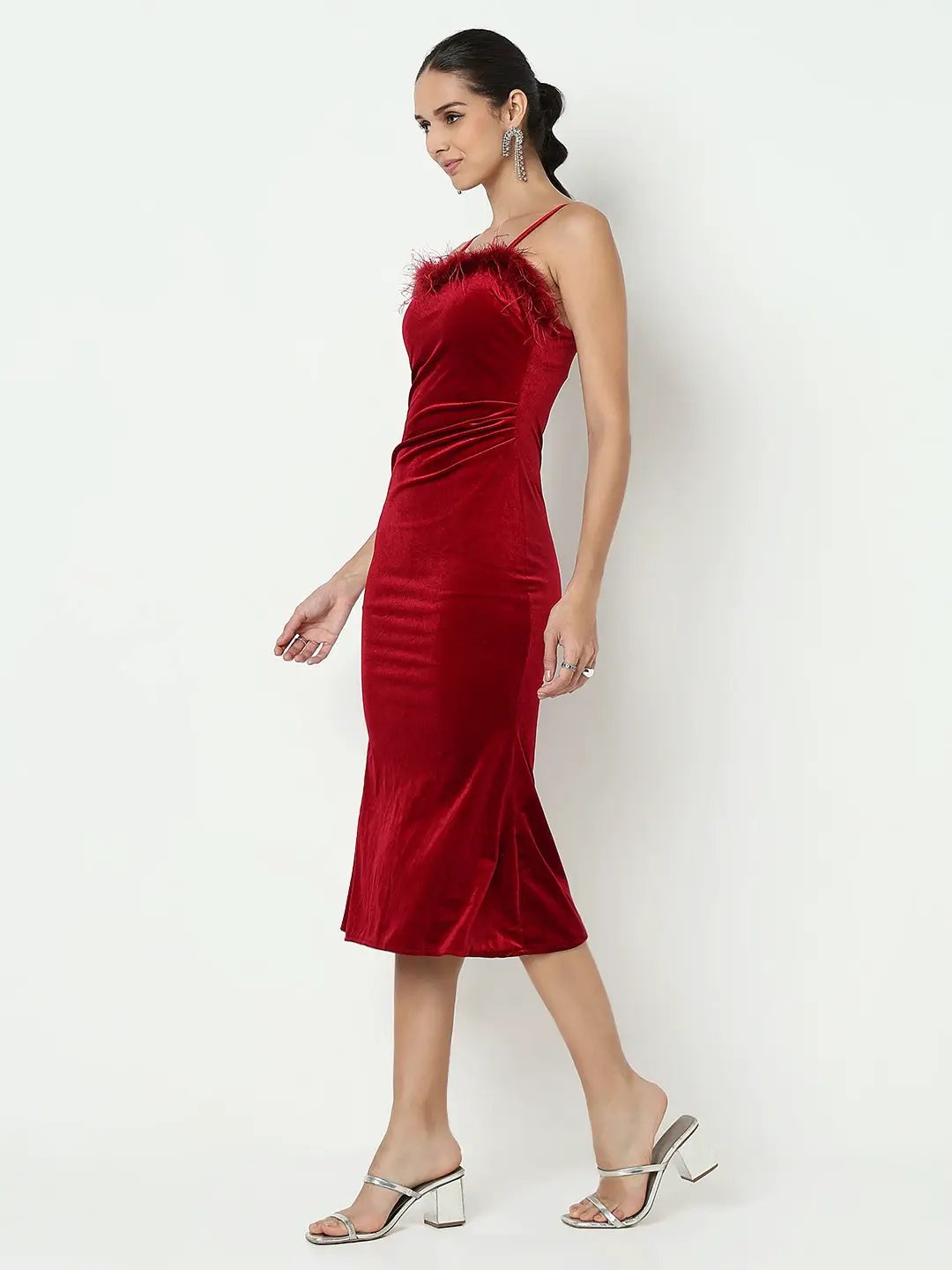 Women's Red Velvet Bodycon Midi Dress with Fur Neckline - from SHOWOFFFF