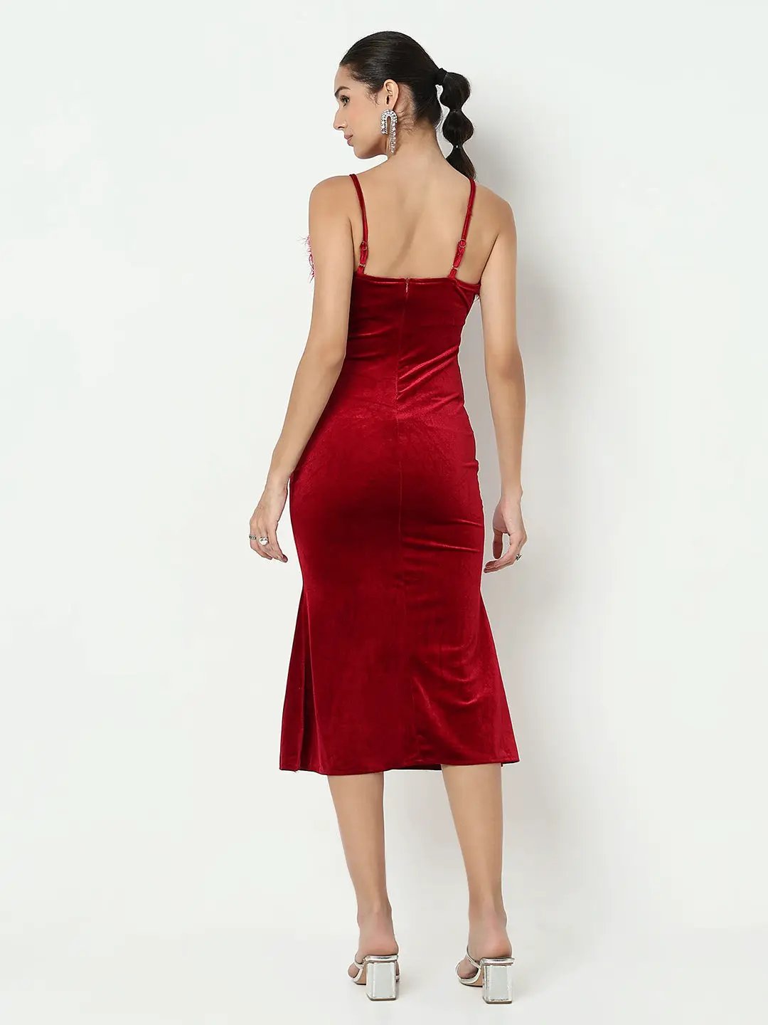 Women's Red Velvet Bodycon Midi Dress with Fur Neckline - from SHOWOFFFF