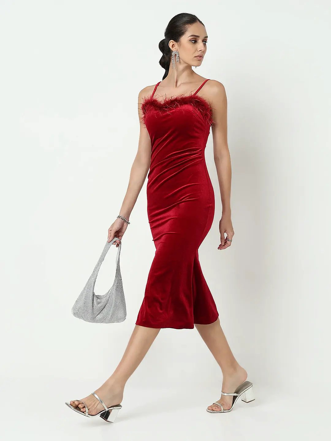 Women's Red Velvet Bodycon Midi Dress with Fur Neckline - from SHOWOFFFF