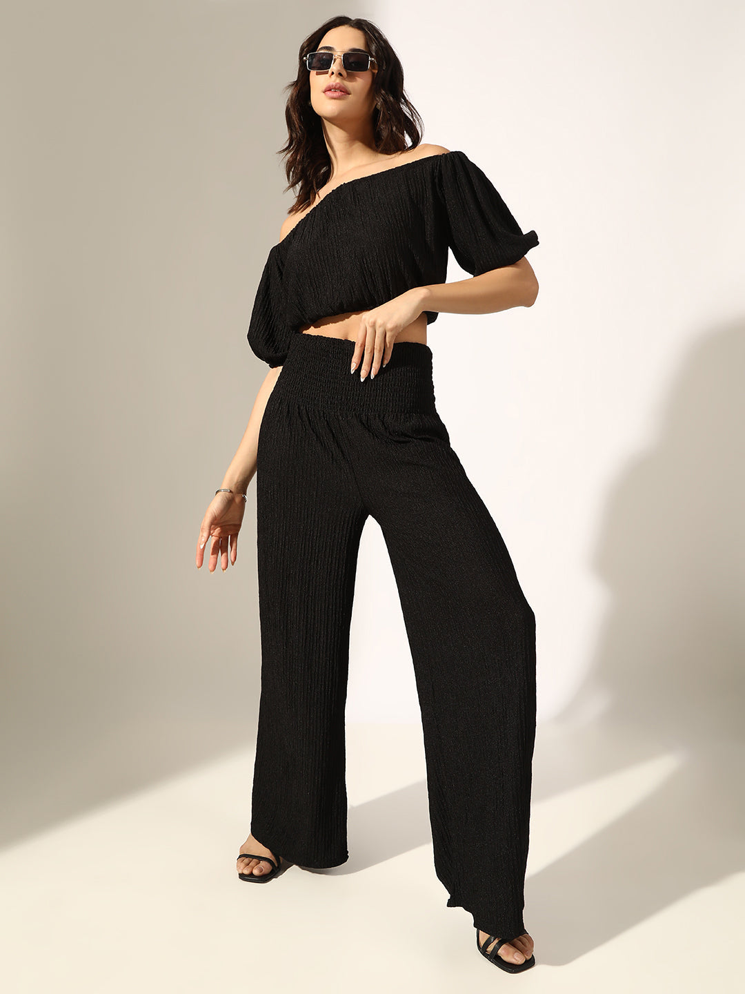 Women's Textured Black Off-Shoulder Top with Smocked Wide-Leg Pants Co-Ord Set
