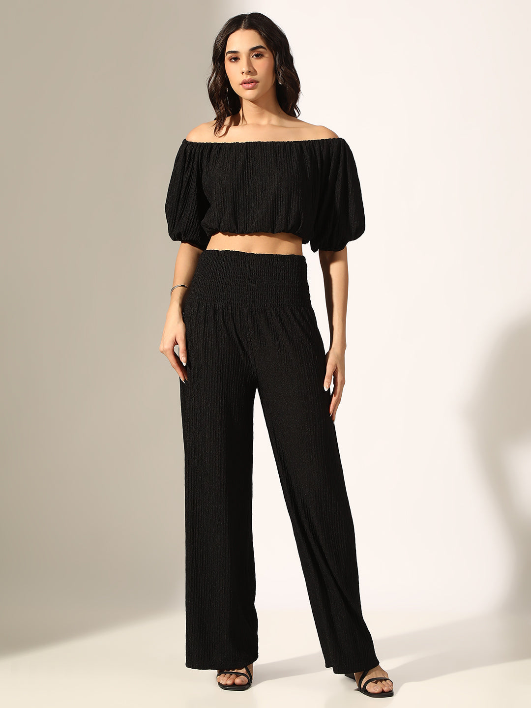 Women's Textured Black Off-Shoulder Top with Smocked Wide-Leg Pants Co-Ord Set
