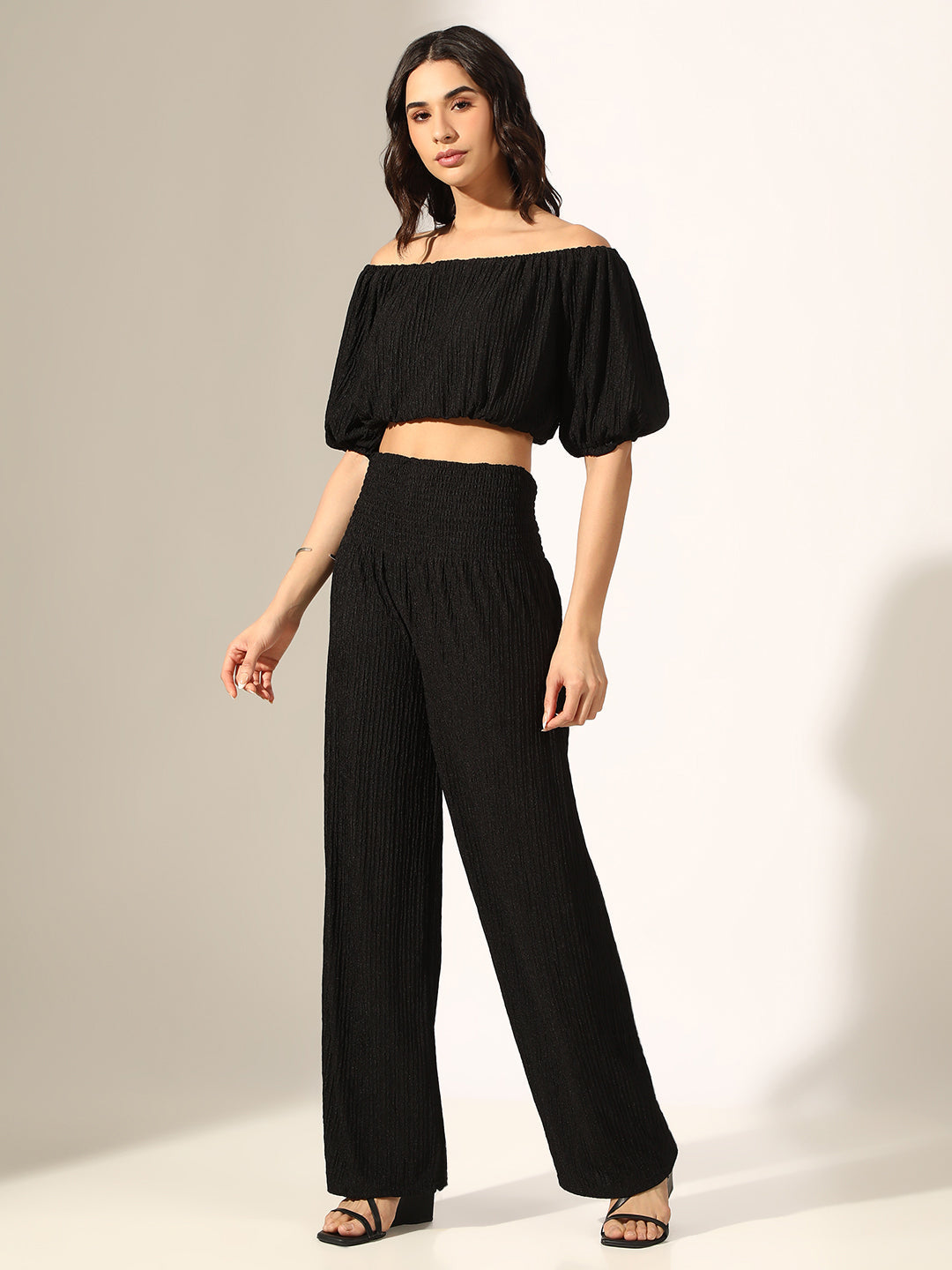 Women's Textured Black Off-Shoulder Top with Smocked Wide-Leg Pants Co-Ord Set