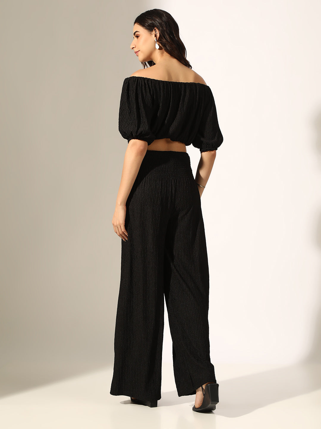 Women's Textured Black Off-Shoulder Top with Smocked Wide-Leg Pants Co-Ord Set