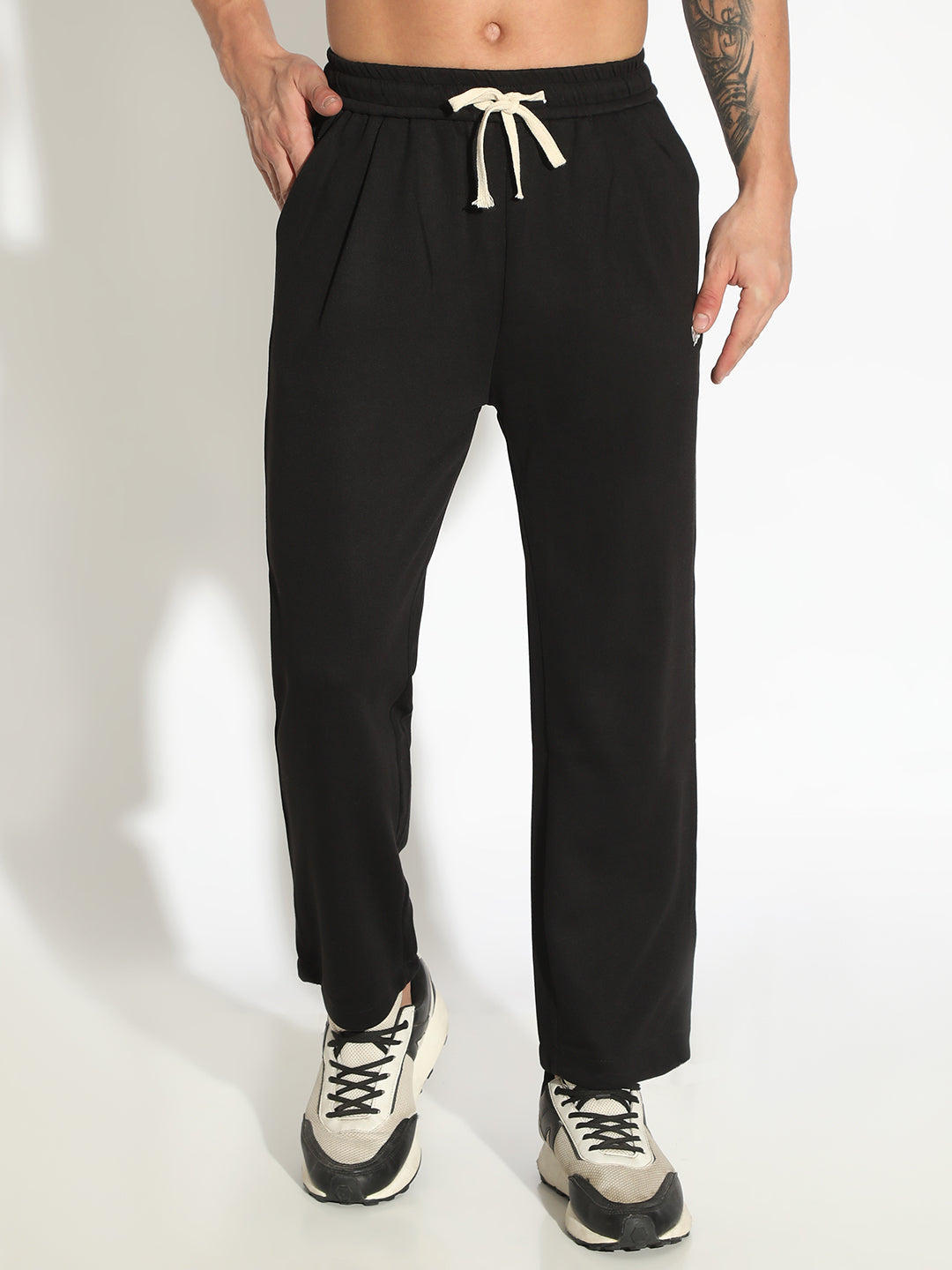 Men's Black Straight Fit Low Rise Trousers with Elasticated Drawstring Waist