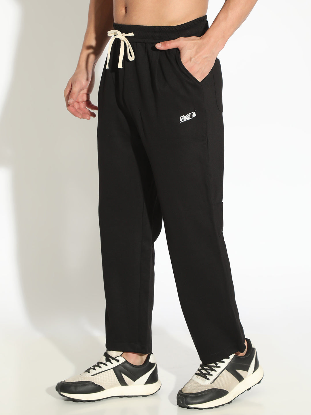 Men's Black Straight Fit Low Rise Trousers with Elasticated Drawstring Waist