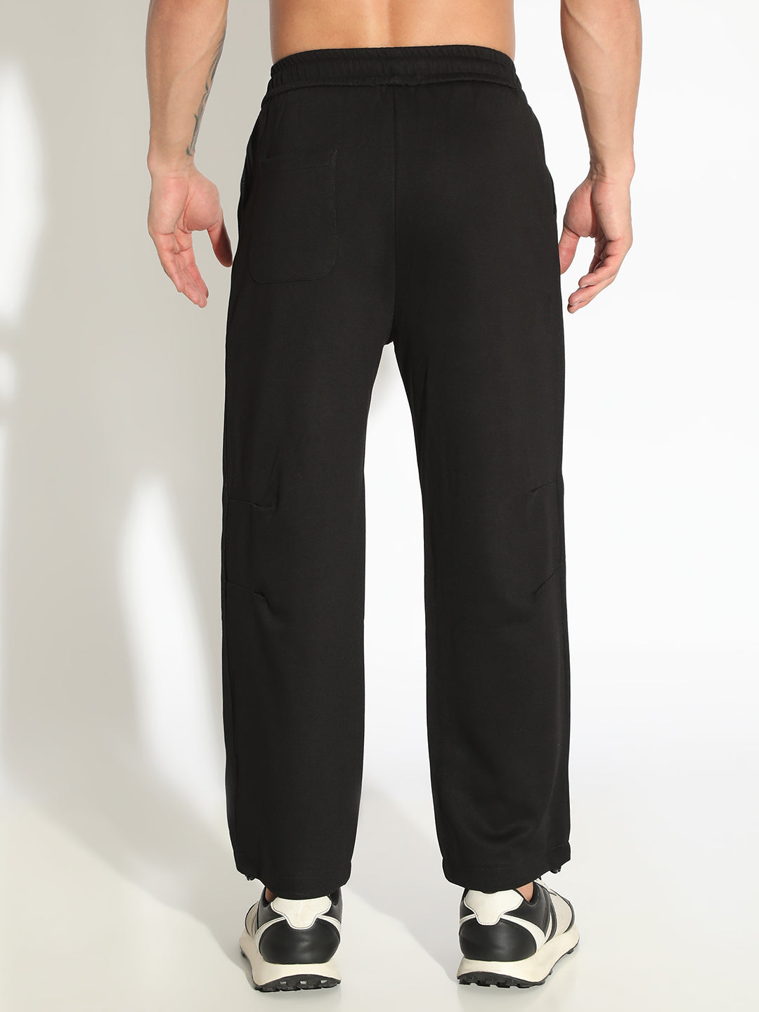 Men's Black Straight Fit Low Rise Trousers with Elasticated Drawstring Waist