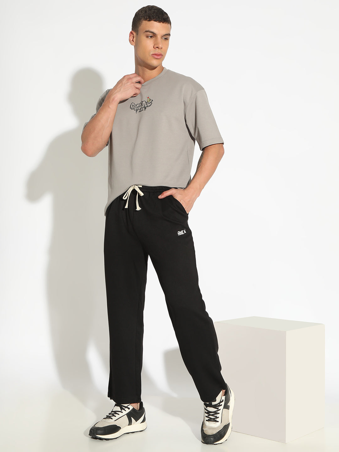 Men's Black Straight Fit Low Rise Trousers with Elasticated Drawstring Waist