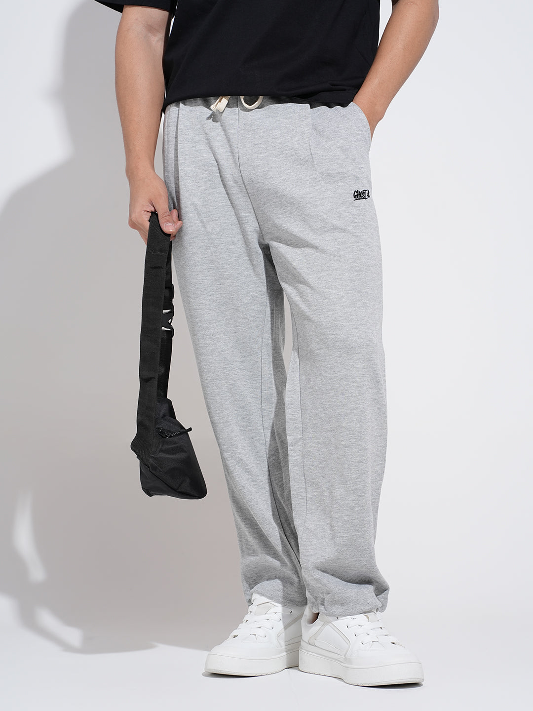 Men's Grey Straight Fit Low Rise Trousers with Elasticated Drawstring Waist