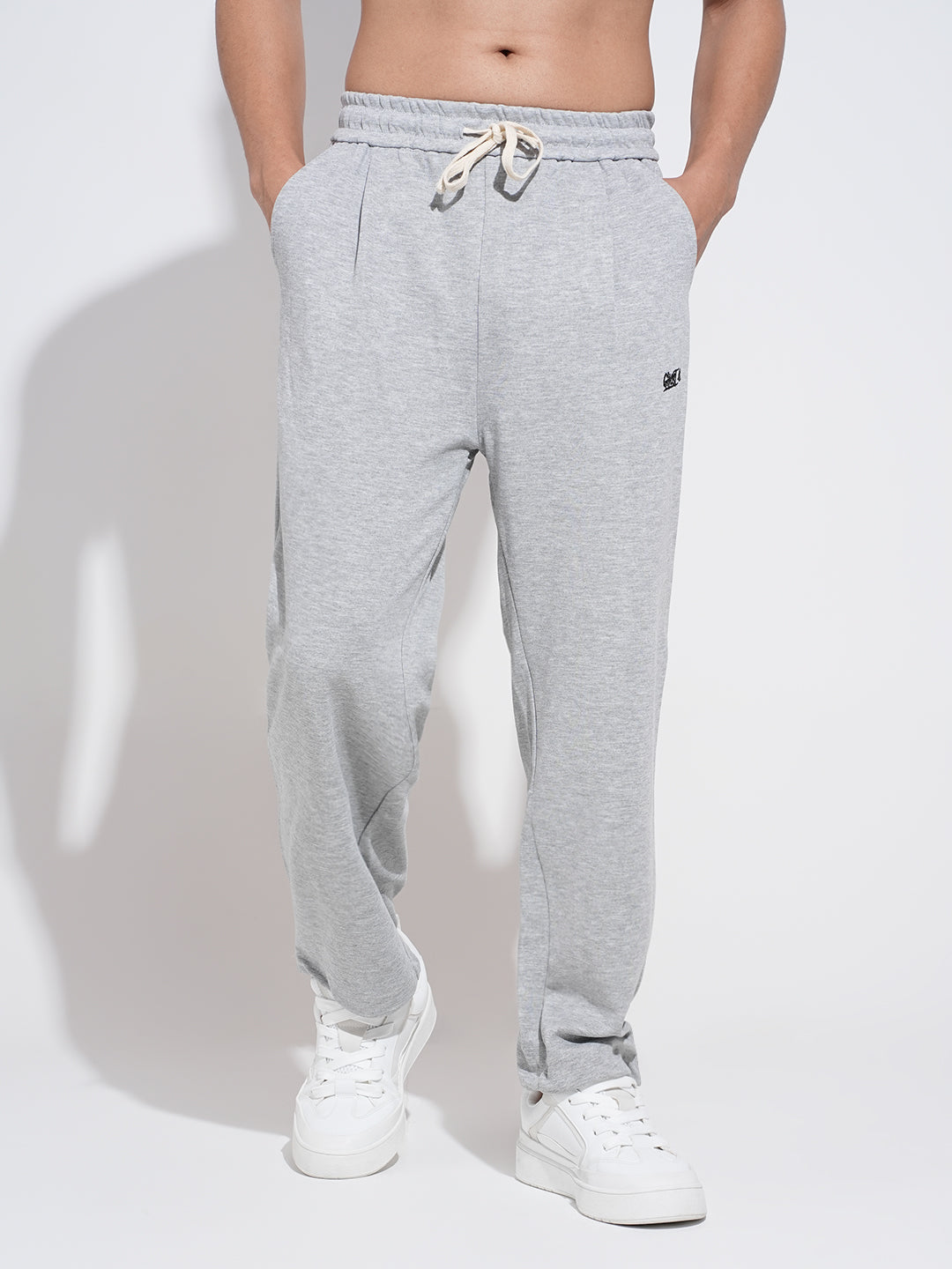 Men's Grey Straight Fit Low Rise Trousers with Elasticated Drawstring Waist