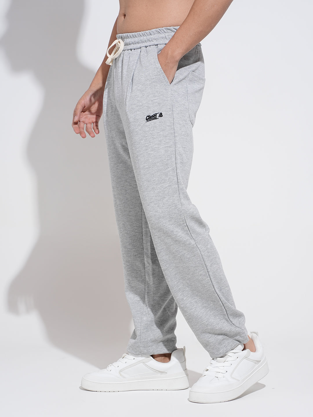 Men's Grey Straight Fit Low Rise Trousers with Elasticated Drawstring Waist