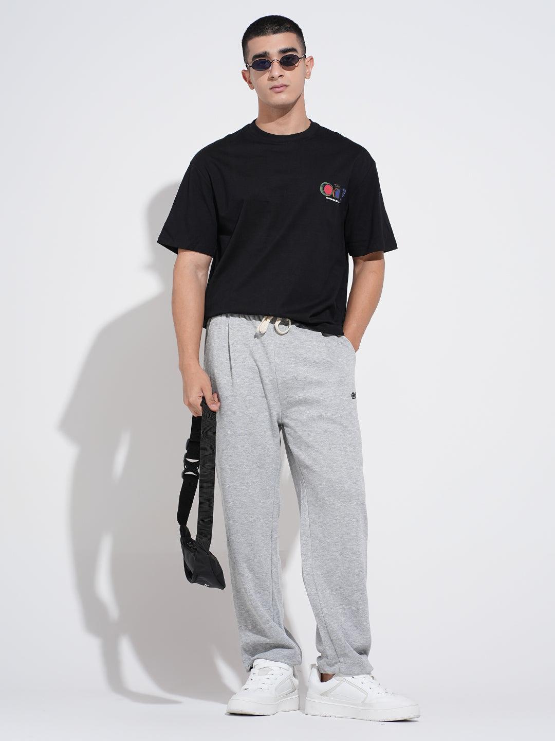 Men's Grey Straight Fit Low Rise Trousers with Elasticated Drawstring Waist