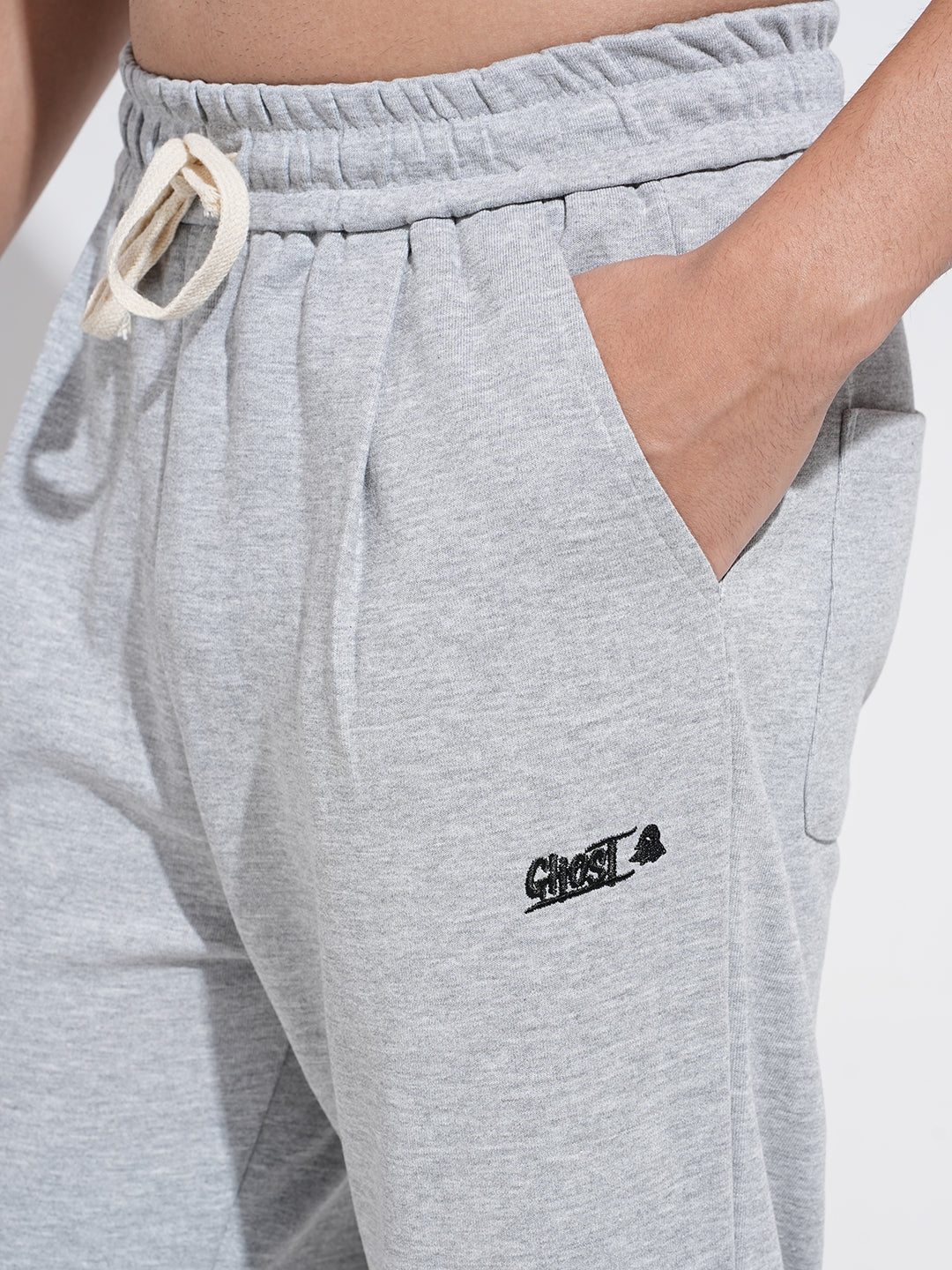 Men's Grey Straight Fit Low Rise Trousers with Elasticated Drawstring Waist