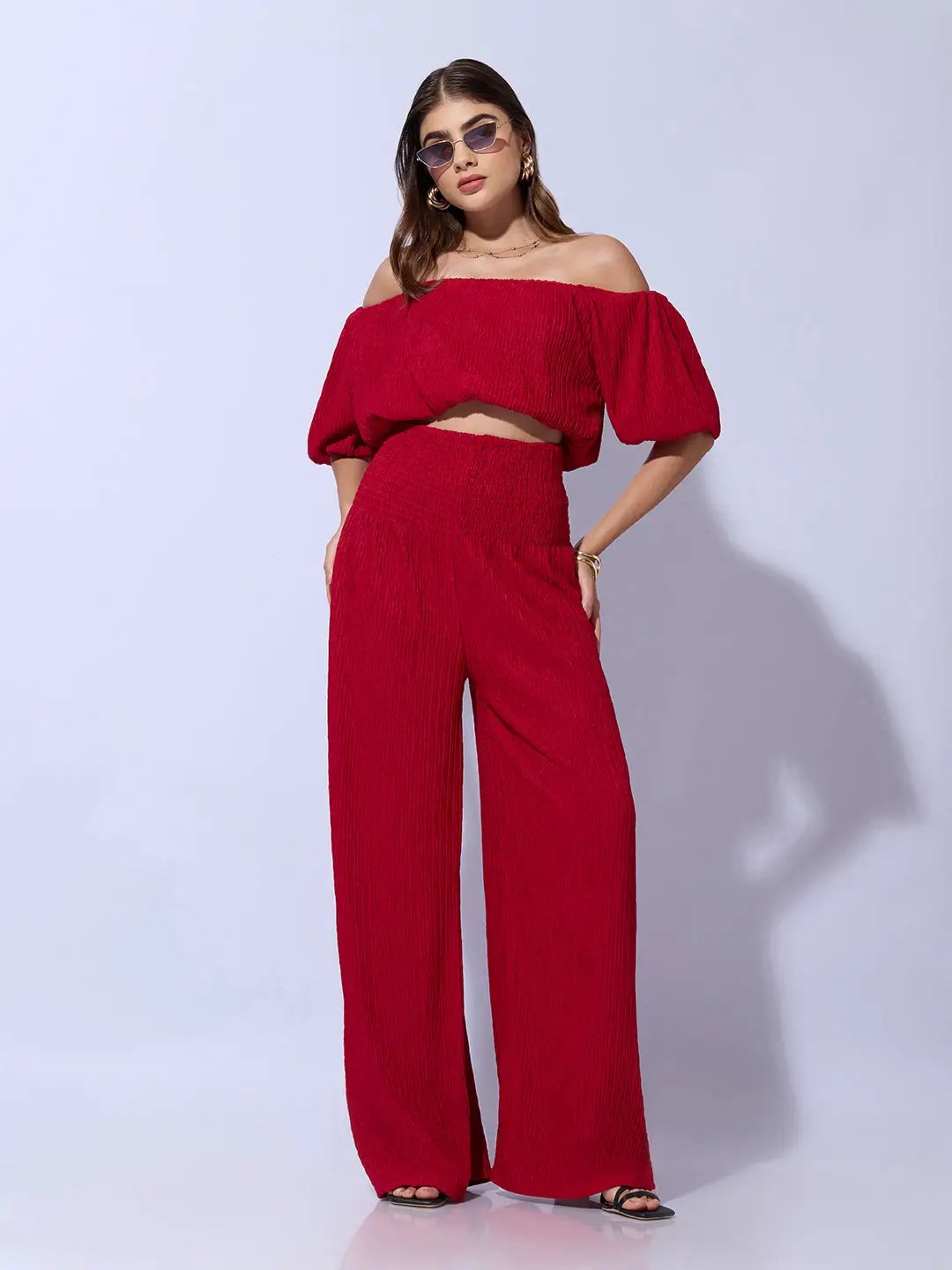 Women's Red Solid Cotton Co-Ords Set