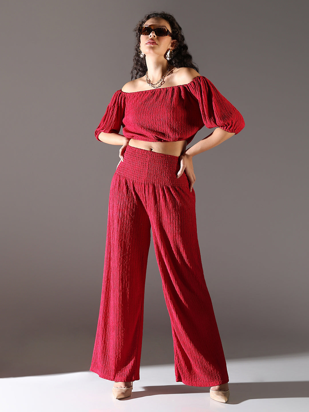 Women Red Solid Co Ords Set