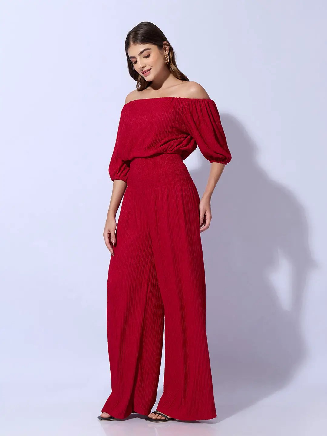 Women's Red Solid Cotton Co-Ords Set