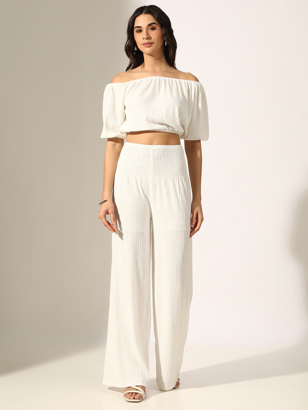 Women's Textured White Off-Shoulder Top with Smocked Wide-Leg Pants Co-Ord Set