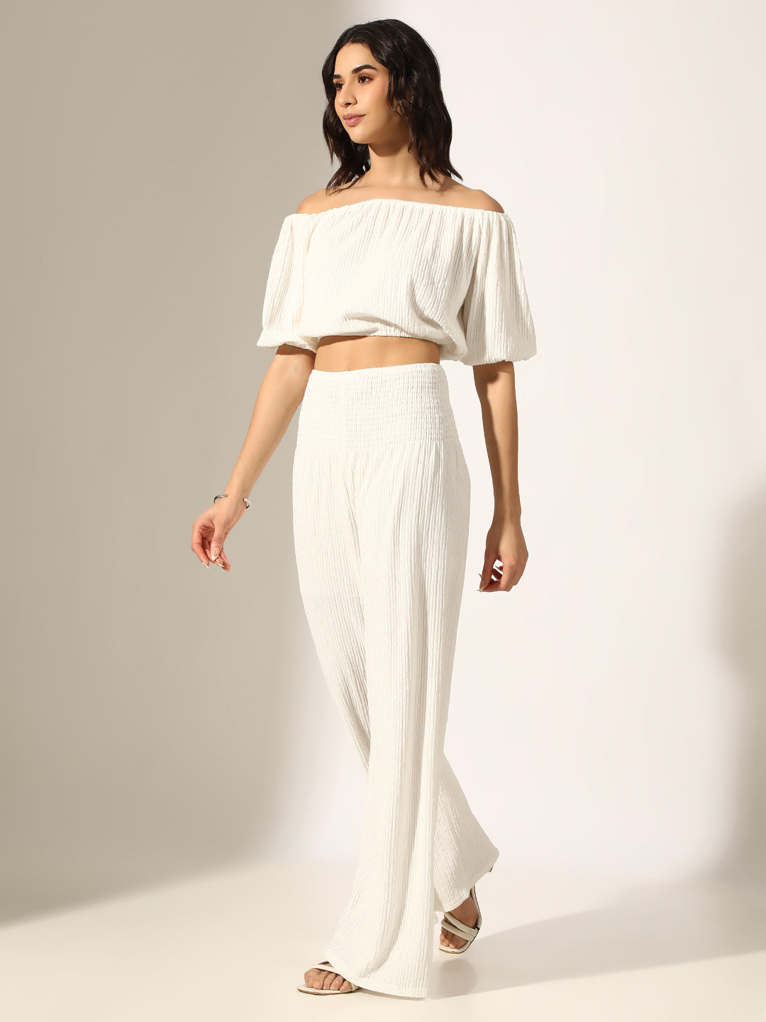 Women's Textured White Off-Shoulder Top with Smocked Wide-Leg Pants Co-Ord Set