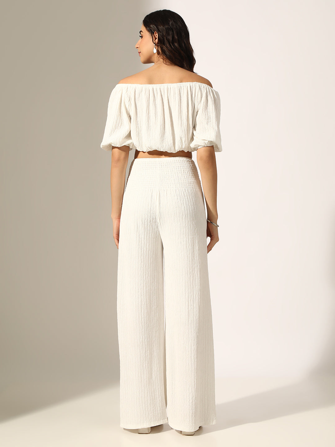 Women's Textured White Off-Shoulder Top with Smocked Wide-Leg Pants Co-Ord Set