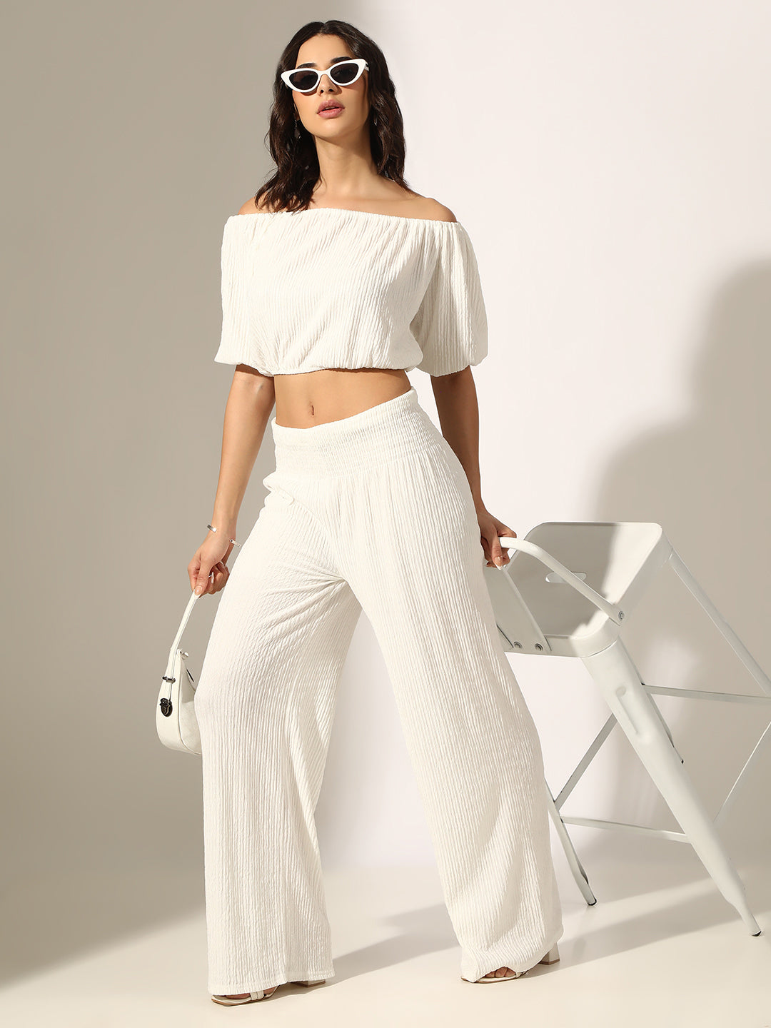 Women's Textured White Off-Shoulder Top with Smocked Wide-Leg Pants Co-Ord Set