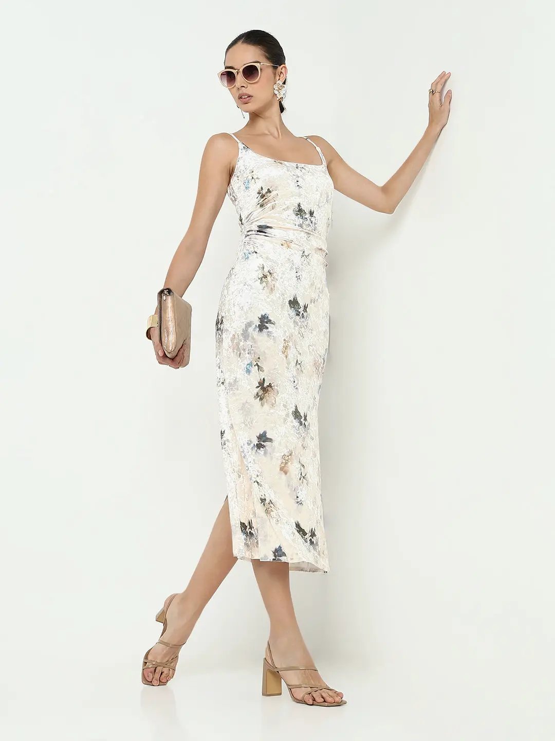 Shop Women's Floral Cream Velvet Bodycon Dress with Back Slit| Showoffff Shop Women's Floral Cream Velvet Bodycon Dress with Back Slit| Showoffff